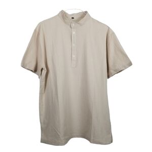 OUKU 100% Linen Half Button Shirt Short Sleeve Neutral Cream Pull Over Crinkle